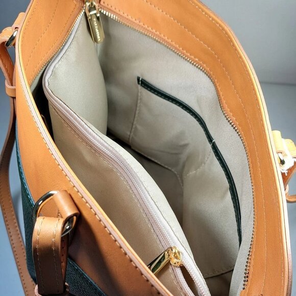 VALENTINA "Today is Your Best Day" Leather Tote Bag Purse Olive Green & Tan NWOT - Picture 7 of 9